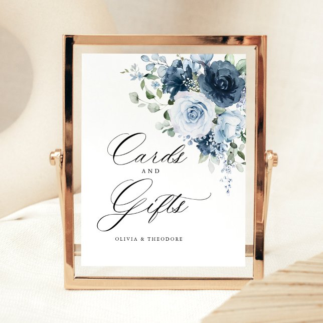 Dusty Blue Navy Floral Cards & Gifts Wedding Table Sockelschild (Dusty blue floral Cards & Gifts pedestal sign in a rose gold frame on a soft neutral wedding table)