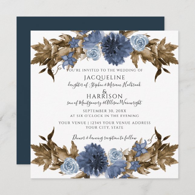 Dusty Blue Navy Floral Fall Brown Foliage Hochzeit Einladung (Vorne/Hinten)