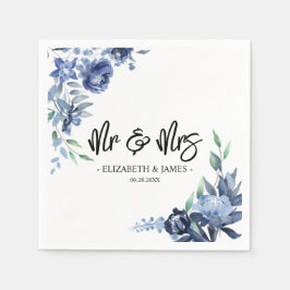 Dusty Blue Navy Floral Mr & Mrs. Wedding Serviette