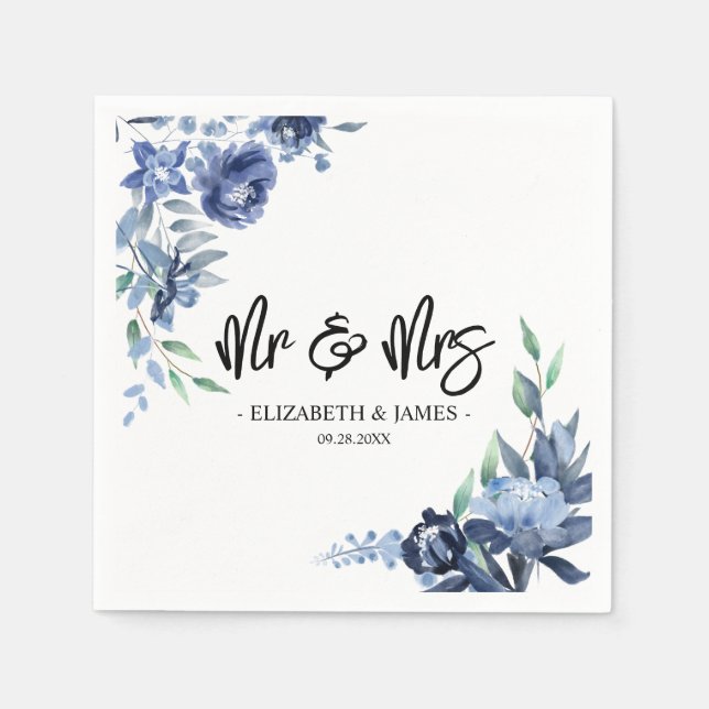 Dusty Blue Navy Floral Mr & Mrs. Wedding Serviette (Vorderseite)