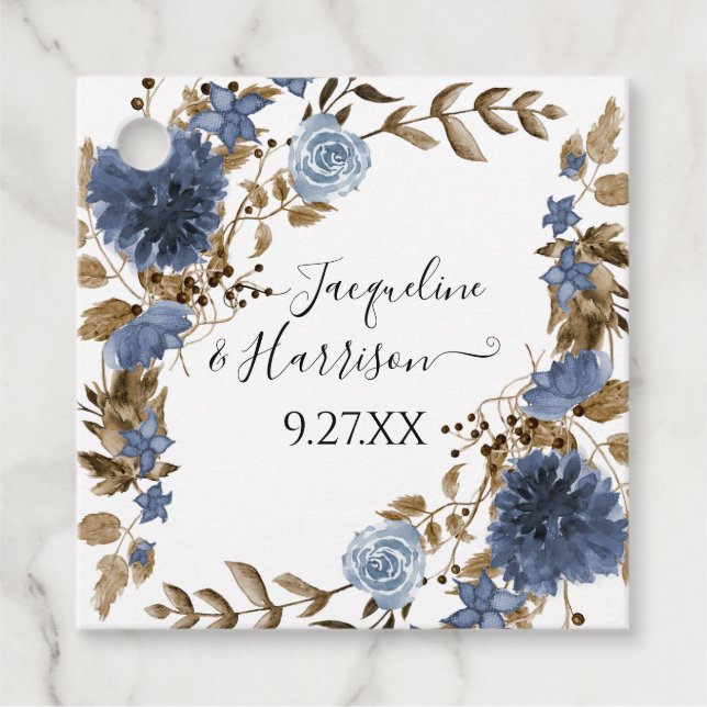 Dusty Blue Navy Floral Rustic Fall Neutral Foliage Geschenkanhänger (Vorderseite)