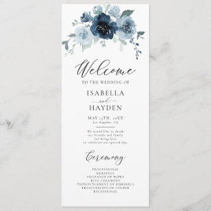 Dusty Blue Navy Floral Rustic Watercolor Hochzeit Programm