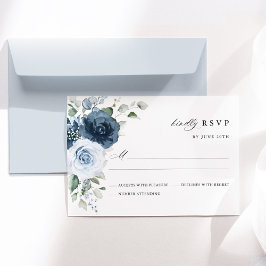 Dusty Blue Navy Floral Watercolor Elegant Wedding RSVP Karte