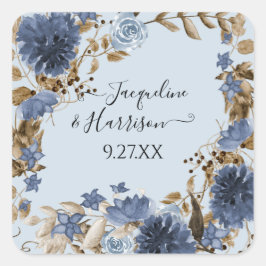 Dusty Blue Navy Floral Watercolor Foliage Wedding Quadratischer Aufkleber