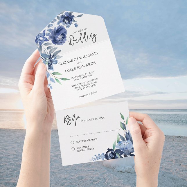 Dusty Blue Navy Floral Wedding All In One Einladung (Von Creator hochgeladen)