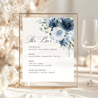 Dusty Blue Navy Floral Wedding Bar Menu Template Sockelschild