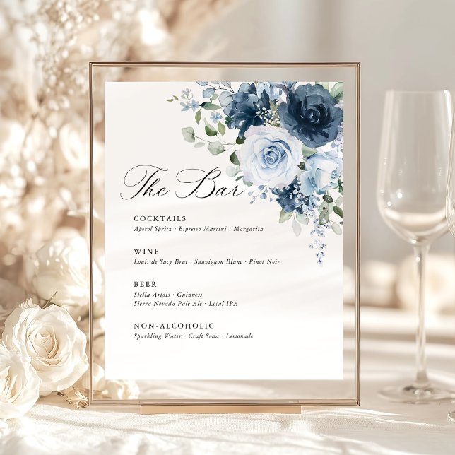 Dusty Blue Navy Floral Wedding Bar Menu Template Sockelschild (Dusty blue navy floral bar menu wedding sign template in gold frame for reception cocktail display.)