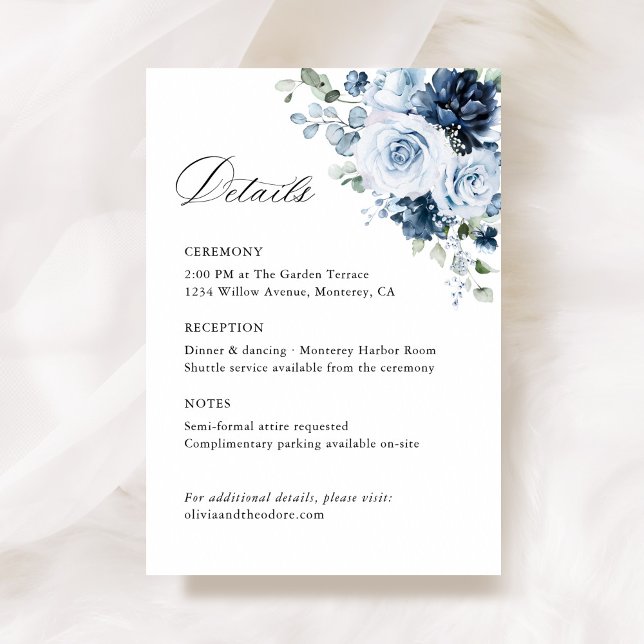 Dusty Blue Navy Floral Wedding Details, Ceremony Begleitkarte (Dusty blue navy watercolor floral wedding details enclosure card, ceremony reception insert flatlay)
