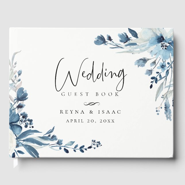 Dusty Blue Navy Floral Wedding Gästebuch (Vorderseite)