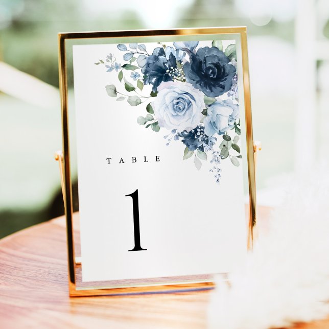 Dusty Blue Navy Floral Wedding Table Number Card Tischnummer (Dusty blue floral wedding table number card in gold frame, elegant modern reception decor)
