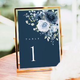 Dusty Blue Navy Floral Wedding Table Number Sign Tischnummer