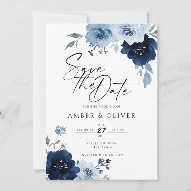 Dusty Blue Navy Light Floral Elegant Save the Date Einladung (Vorderseite)