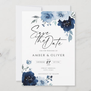 Dusty Blue Navy Light Floral Elegant Save the Date Einladung