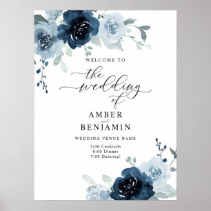 Dusty Blue Navy Pastel Boho Floral Wedding Willkom Poster
