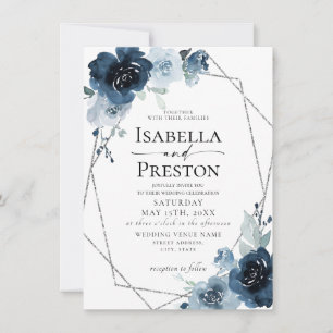 Dusty Blue Navy Pastel Silver Foil Floral Wedding Einladung