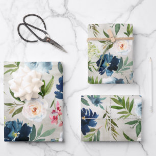 Dusty Blue & Navy Peony Blumengarten Geschenkpapier Set