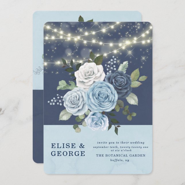 Dusty Blue Navy Peony Country Lights Hochzeit Einladung (Vorne/Hinten)