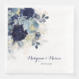 Dusty Blue Navy Peony & Eucalyptus Gold Floral Serviette