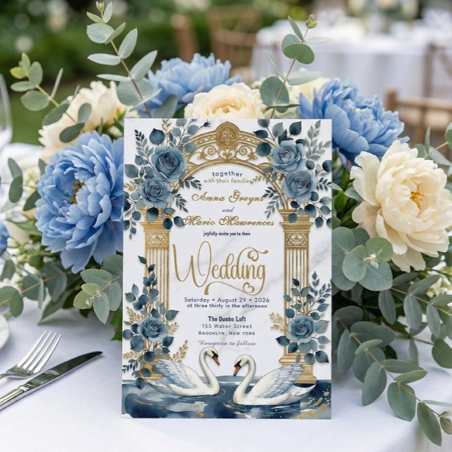 Dusty Blue Navy Rose Faux Gold Garden  Wedding Einladung (Von Creator hochgeladen)