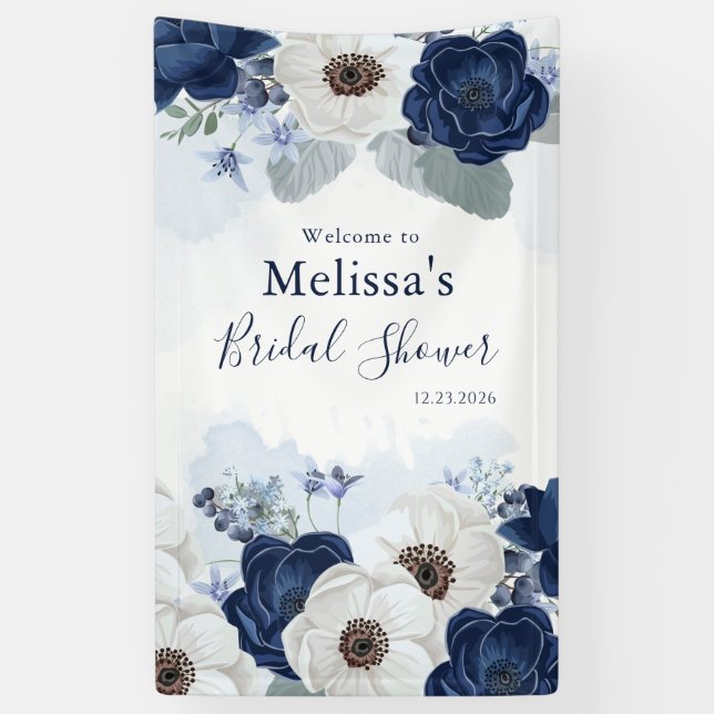 Dusty Blue Navy Script Floral Brautparty Banner (Vertikal)