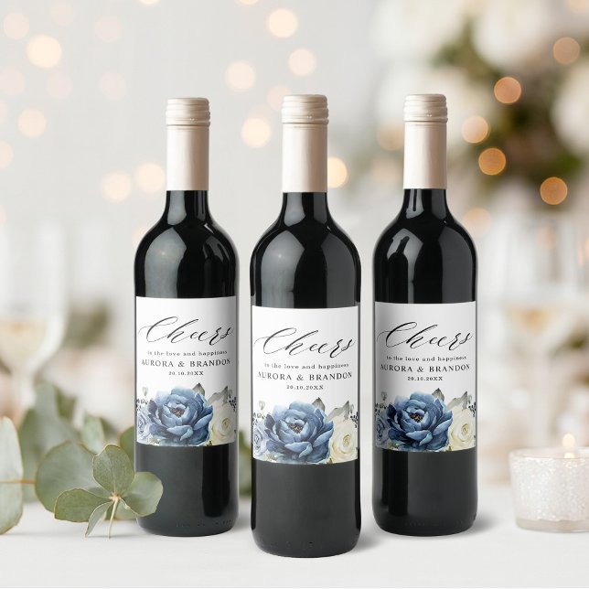 Dusty Blue Navy Sparkling Wein Elfenbeinblume Wedd Weinetikett (Dusty Blue Navy Sparkling Wine Ivory Floral Wedding Wine Label)