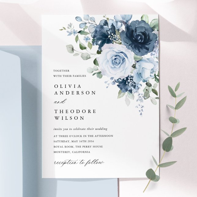 Dusty Blue Navy Watercolor Floral Elegant Wedding Einladung (Dusty blue navy watercolor floral bouquet wedding invitation card elegant romantic design)