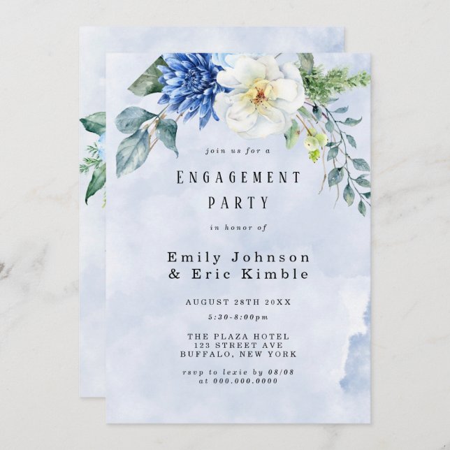 Dusty Blue Navy Watercolor Floral Engagement Party Einladung (Vorne/Hinten)
