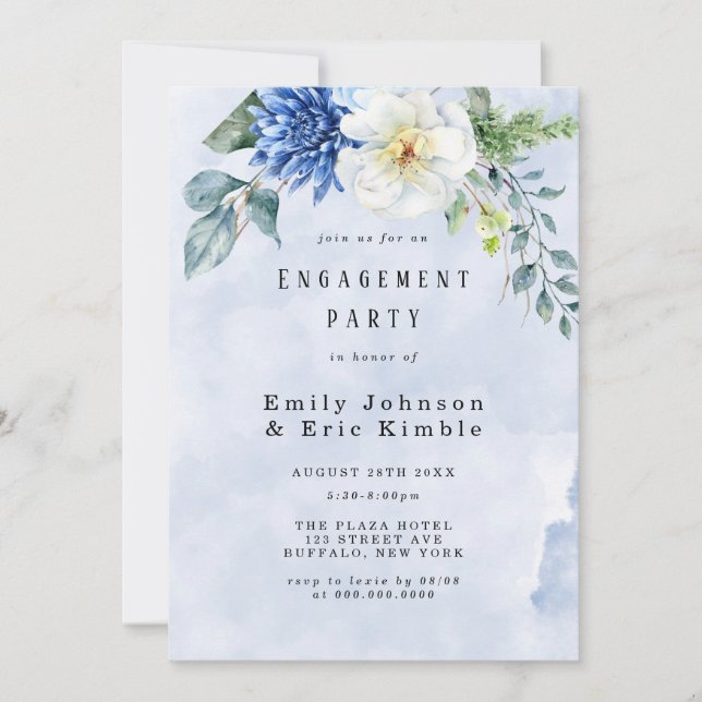 Dusty Blue Navy Watercolor Floral Engagement Party Einladung (Vorderseite)