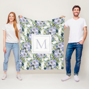 Dusty Blue Navy Watercolor Floral Monogram Fleecedecke