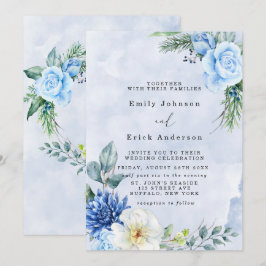 Dusty Blue Navy Watercolor Peonies Wedding Einladung