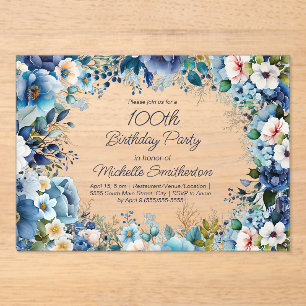 Dusty Blue Navy White Floral 100. Geburtstag Acryleinladungen
