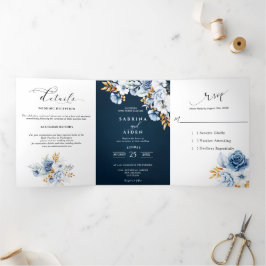 Dusty Blue Navy White Gold Floral Wedding Dreifach Gefaltete Ankündigung