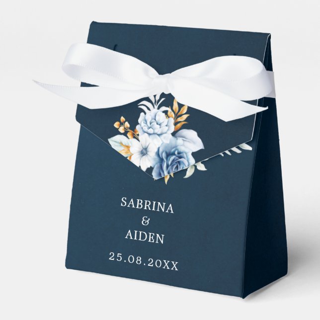Dusty Blue Navy White Gold Floral Wedding Geschenkschachtel (Vorderseite)