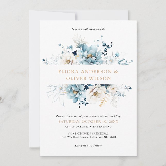Dusty Blue Navy White Ivory Gold Floral Wedding Einladung (Vorderseite)