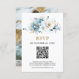 Dusty Blue Navy White Ivory Gold Floral Wedding RS RSVP Karte