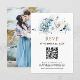 Dusty Blue Navy White Ivory Gold Floral Wedding RS RSVP Karte