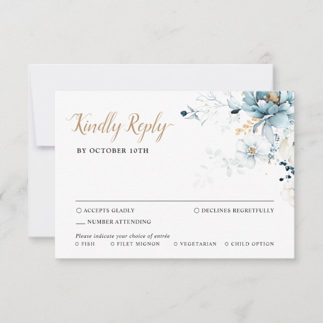 Dusty Blue Navy White Ivory Gold Floral Wedding RS RSVP Karte (Vorderseite)