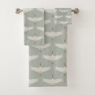 Dusty Blue Neutral Birds Krane Art Deco Badhandtuch Set