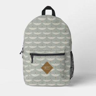 Dusty Blue Neutral Birds Krane Art Deco Monogramm Bedruckter Rucksack