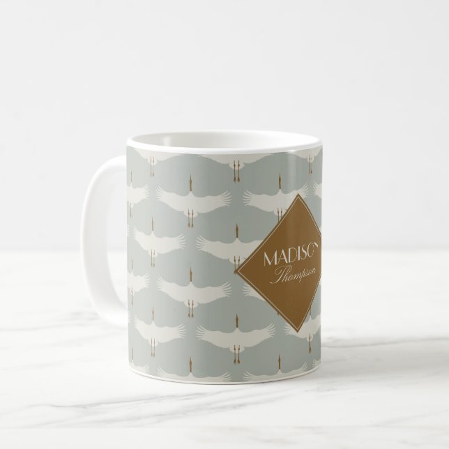Dusty Blue Neutral Birds Krane Art Deco Monogramm Kaffeetasse (Vorderseite Links)