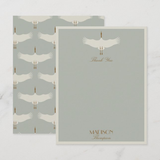 Dusty Blue Neutral Birds Swans Art Deco Monogram Dankeskarte (Vorne/Hinten)