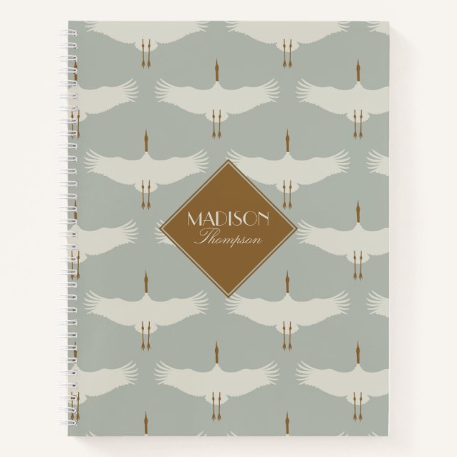 Dusty Blue Neutral Birds Swans Art Deco Monogram Notizbuch (Vorderseite)