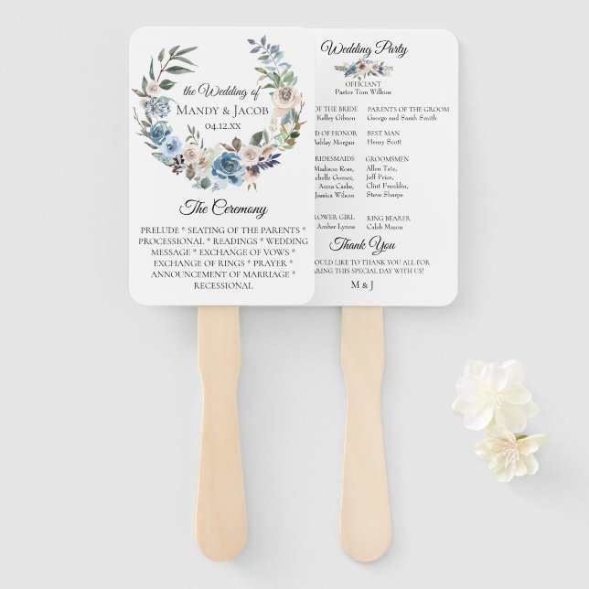 Dusty Blue Neutral Floral Wedding Program Fans Fächer (Vorne und Hinten)