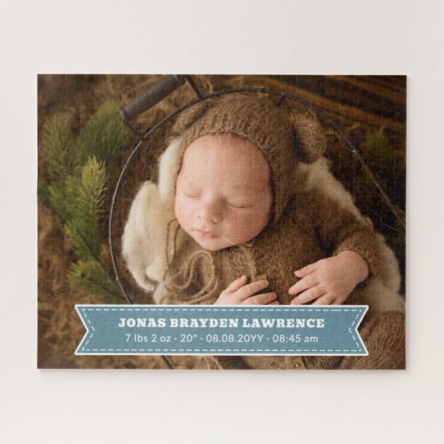Dusty Blue Newborn Baby Boy Birth Stats Photo Puzzle (Horizontal)