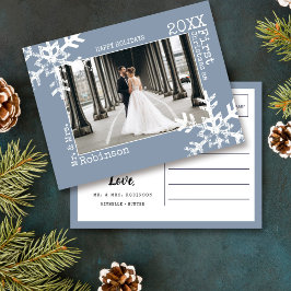 Dusty Blue Newlywed 1. Christmas Foto Snowflake Feiertagspostkarte