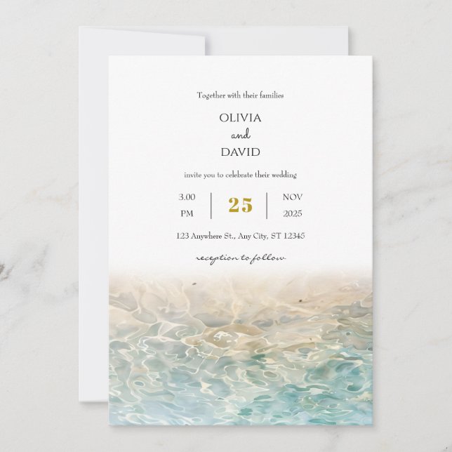 Dusty Blue Ocean Ripples White Sandy Beach Hochzei Einladung (Vorderseite)