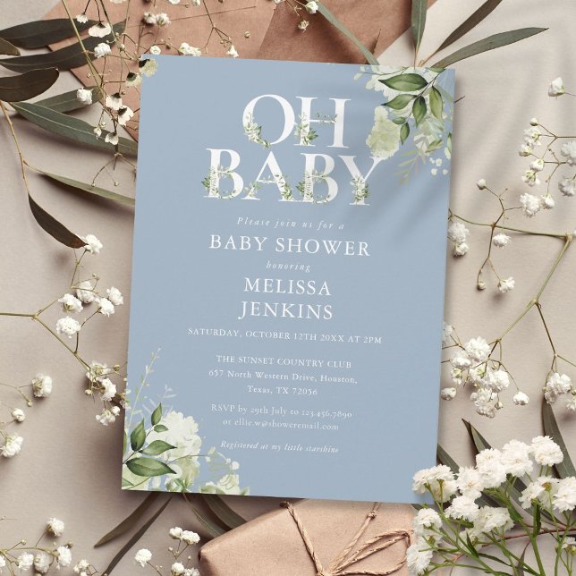 Dusty Blue Oh Baby Botanical Greenerity Baby Dusch Einladung (Dusty Blue Oh Baby Botanical Greenery Baby Shower Invitation)