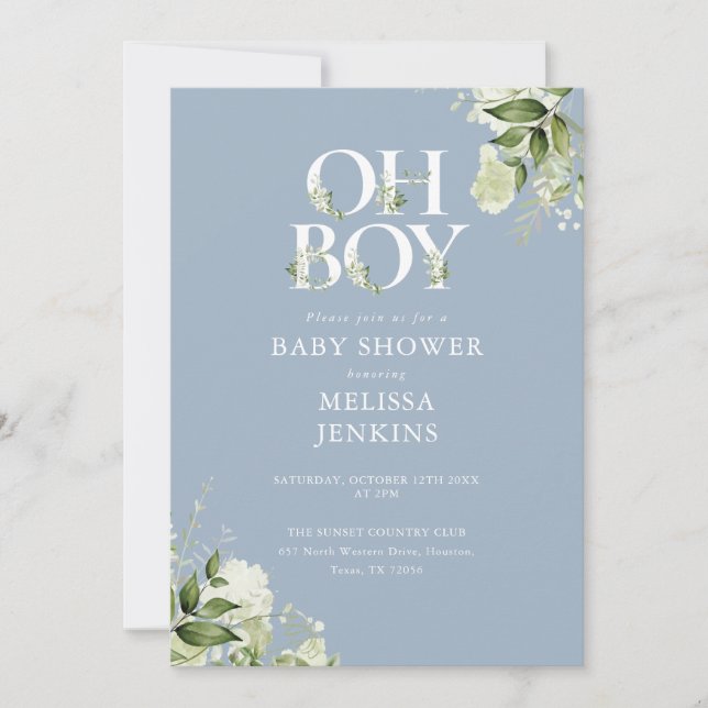 Dusty Blue Oh Boy Greenery QR Code Baby Shower Einladung (Vorderseite)