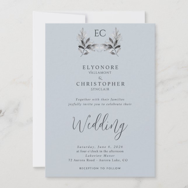 Dusty Blue Olive Branch Monogram Photo Wedding  Einladung (Vorderseite)