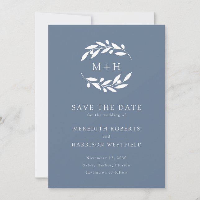Dusty Blue Olive Branch Monogram Wreath Wedding Save The Date (Vorderseite)